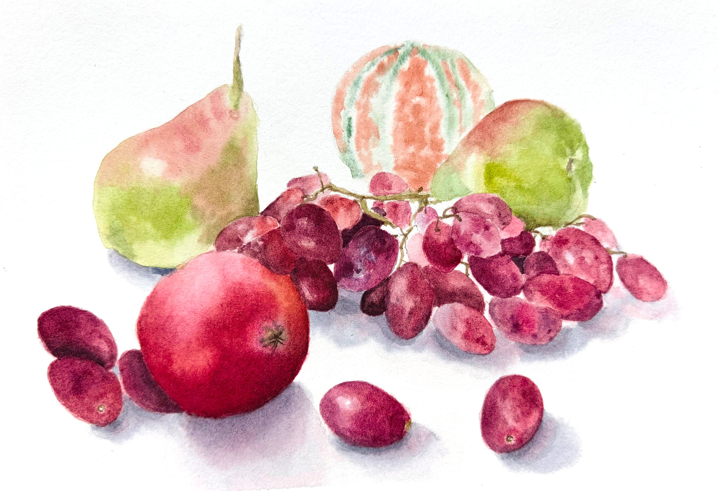 Pear, red grapes, melon and pomegranate